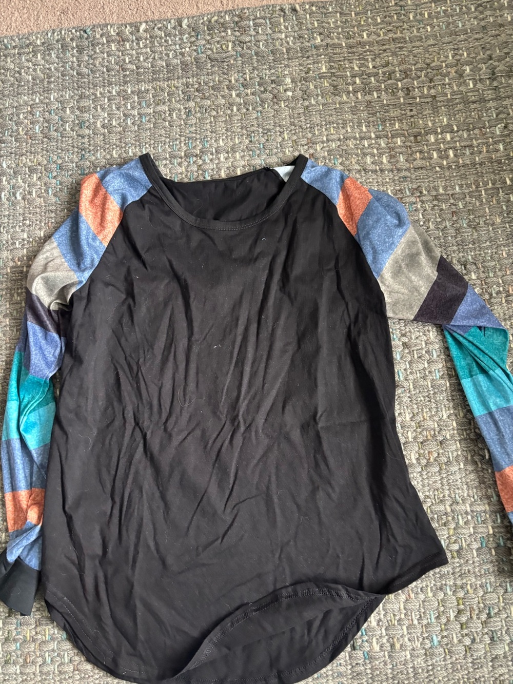 Women's Black Raglan Top with Multi-Color Geometric Sleeves